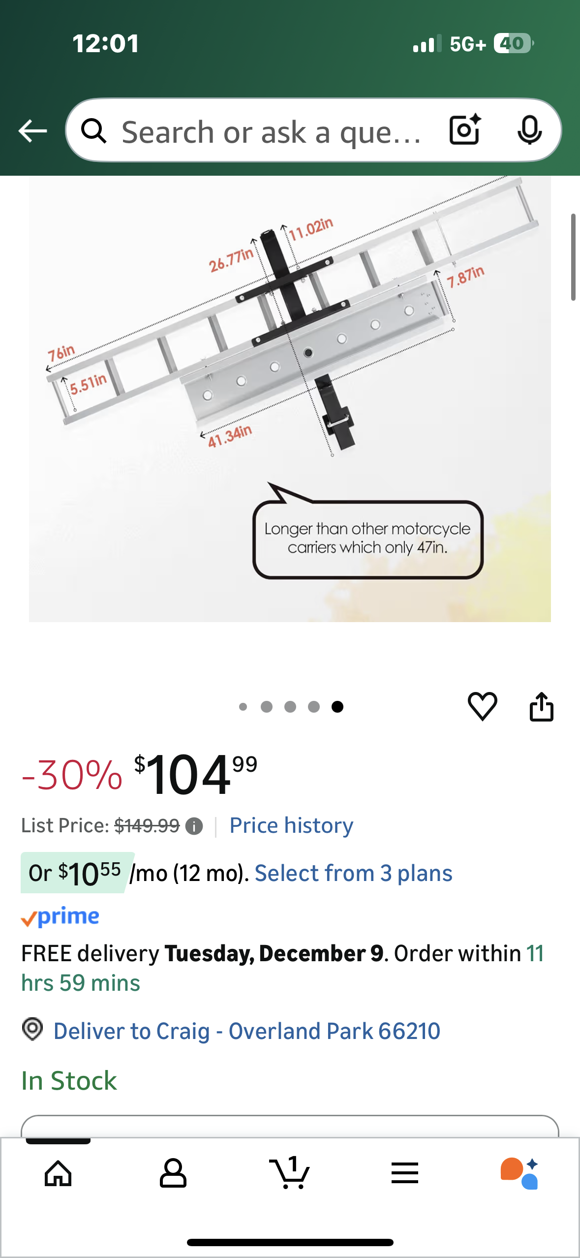 500LBS Motorcycle Hitch Carrier Rack with 47" Loading Ramp, Anti-Tilt Design, Shock Absorption, Heavy-Duty Steel Frame, Fits 2" Receiver and 5" Wide Tires, Easy Load & Transport (G946)