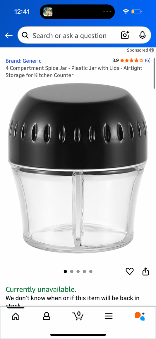 4 Compartment Spice Jar - Plastic Jar with Lids - Airtight Storage for Kitchen Counter, Black
