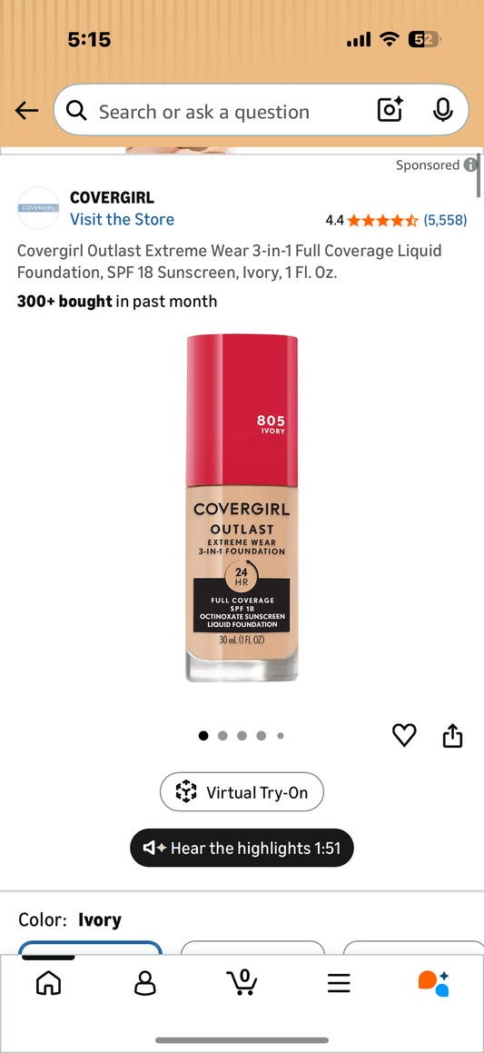 Covergirl Outlast Extreme Wear 3-in-1 Full Coverage Liquid Foundation, SPF 18 Sunscreen, Ivory, 1 Fl. Oz Ivory