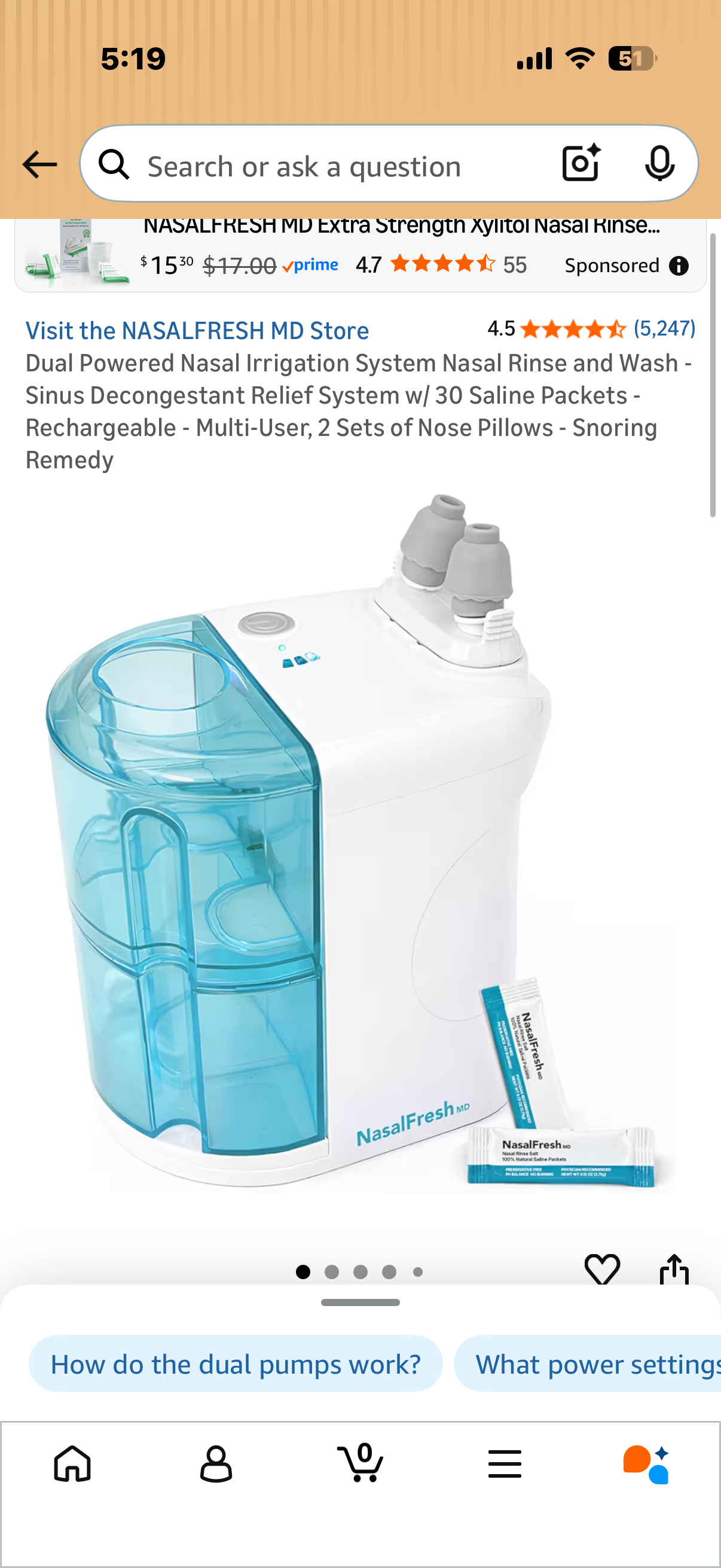Dual Powered Nasal Irrigation System Nasal Rinse and Wash - Sinus Decongestant Relief System w/ 30 Saline Packets - Rechargeable - Multi-User, 2 Sets of Nose Pillows - Snoring Remedy