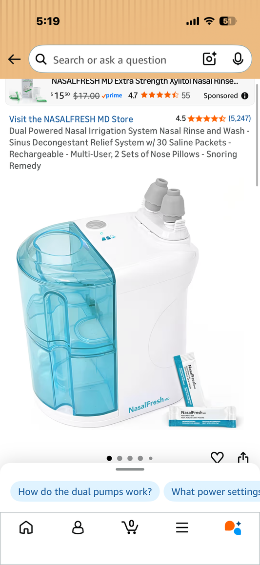 Dual Powered Nasal Irrigation System Nasal Rinse and Wash - Sinus Decongestant Relief System w/ 30 Saline Packets - Rechargeable - Multi-User, 2 Sets of Nose Pillows - Snoring Remedy