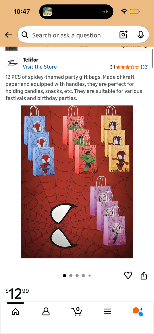 12 PCS of spidey-themed party gift bags. Made of kraft paper and equipped with handles, they are perfect for holding candies, snacks, etc. They are suitable for various festivals and birthday parties