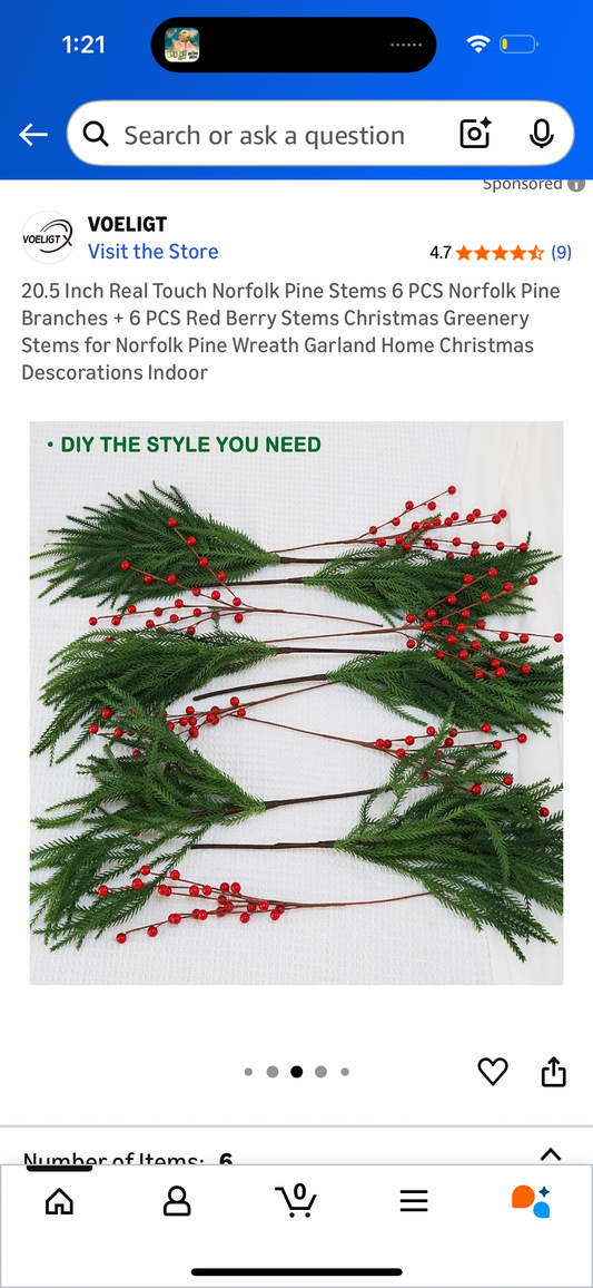 20.5 Inch Real Touch Norfolk Pine Stems 6 PCS Norfolk Pine Branches + 6 PCS Red Berry Stems Christmas Greenery Stems for Norfolk Pine Wreath Garland Home Christmas Descorations Indoor