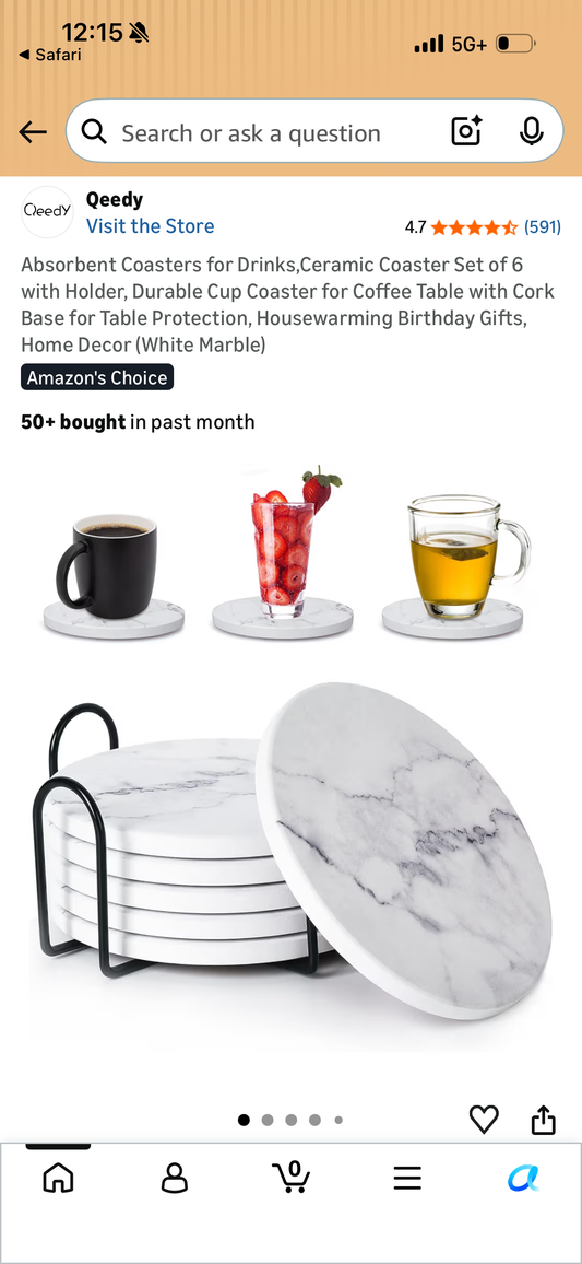 Absorbent Coasters for Drinks,Ceramic Coaster Set of 6 with Holder, Durable Cup Coaster for Coffee Table with Cork Base for Table Protection, Housewarming Birthday Gifts, Home Decor (White Marble)
