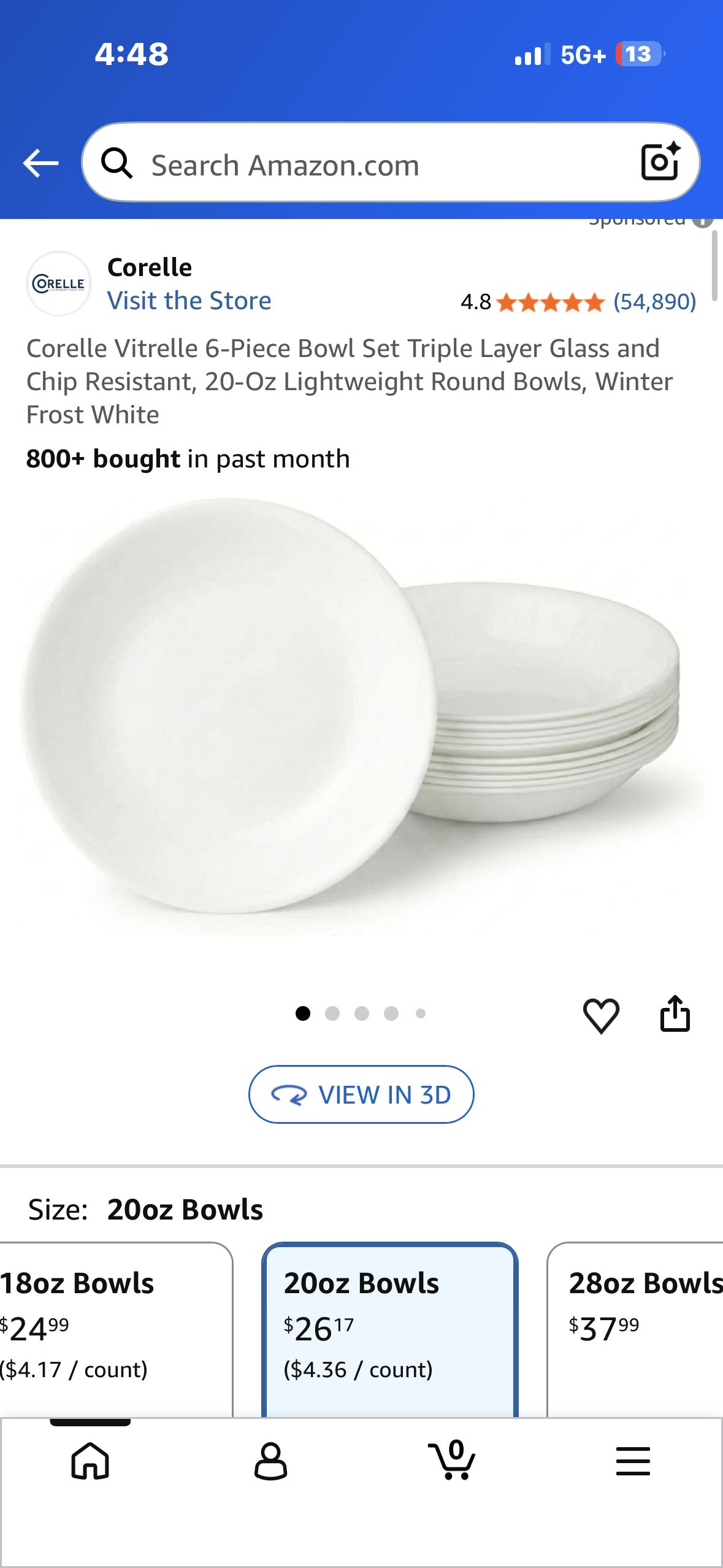 Corelle 6-Piece Bowl Set Triple Layer Glass and Chip Resistant, 20-Oz Lightweight Round Bowls, Winter Frost White