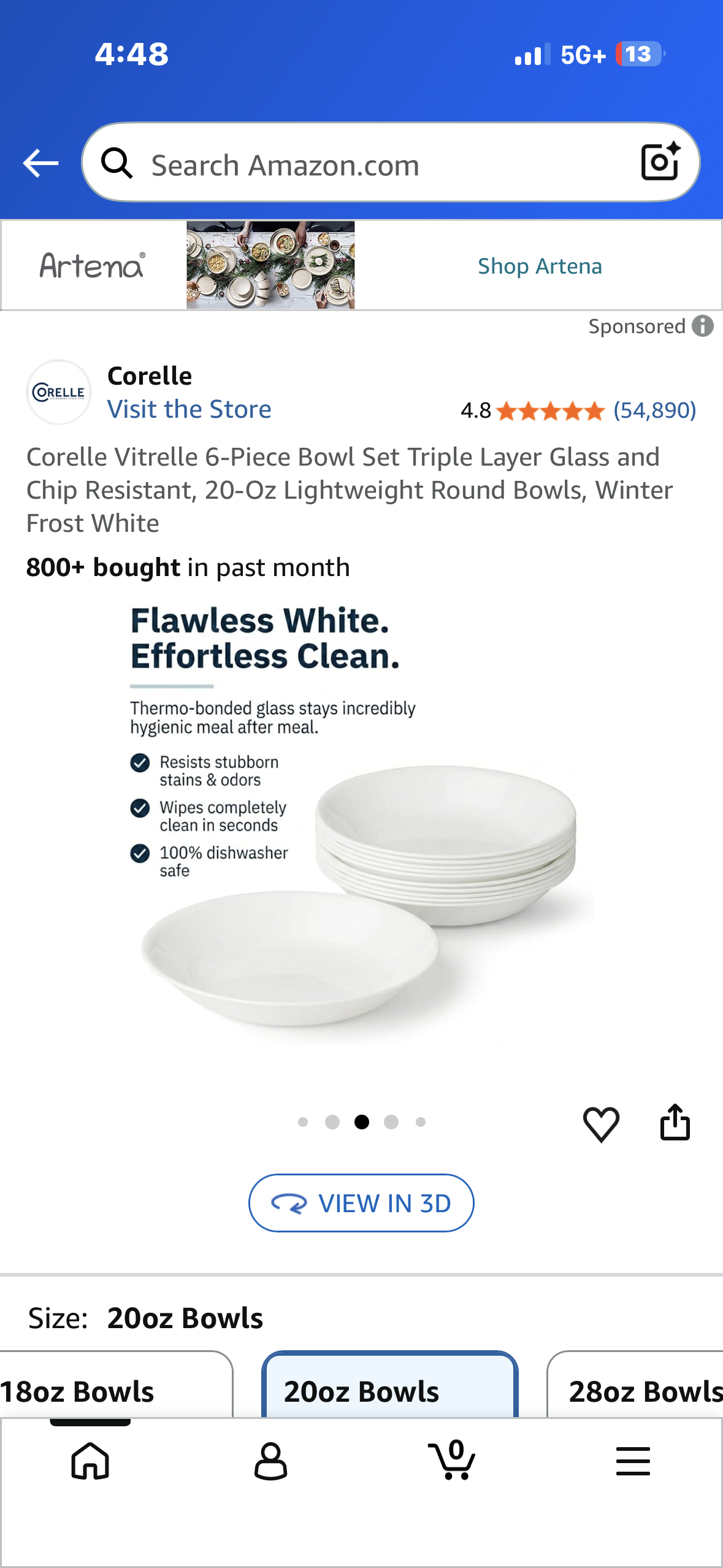 Corelle 6-Piece Bowl Set Triple Layer Glass and Chip Resistant, 20-Oz Lightweight Round Bowls, Winter Frost White