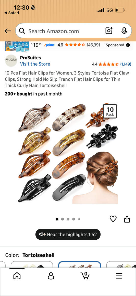10 Pcs Flat Hair Clips for Women, 3 Styles Tortoise Flat Claw Clips, Strong Hold No Slip French Flat Hair Clips for Thin Thick Curly Hair, Tortoiseshell