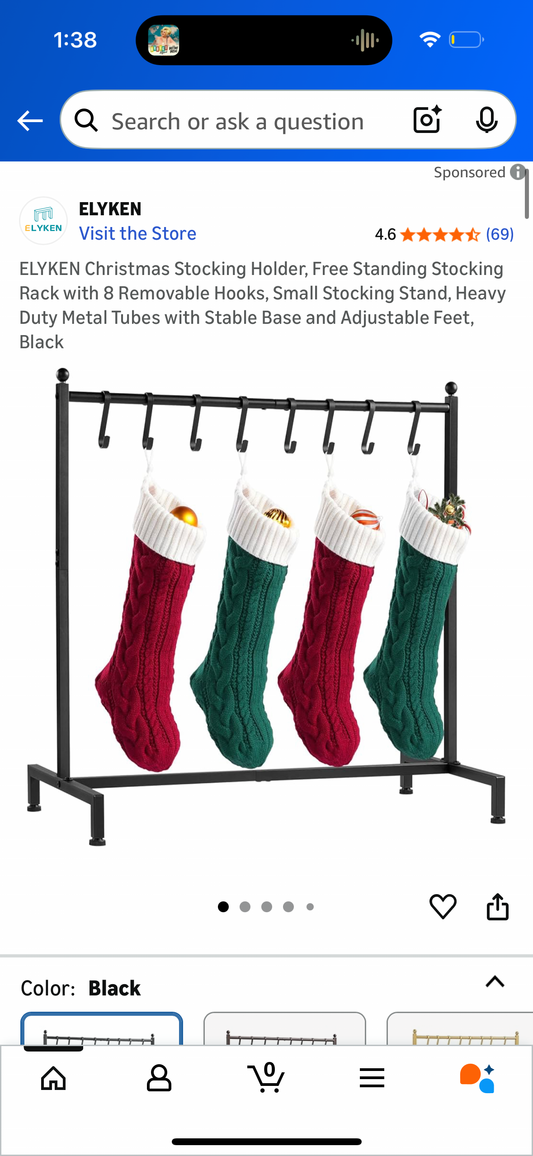 ELYKEN Christmas Stocking Holder, Free Standing Stocking Rack with 8 Removable Hooks, Small Stocking Stand, Heavy Duty Metal Tubes with Stable Base and Adjustable Feet, Black