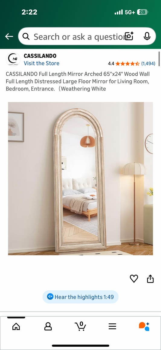 CASSILANDO Full Length  Arched Mirror, 65"x24" Wood Full Length Distressed Floor Mirror for Living Room, Bedroom, Entrance (Weathering White) (M458)