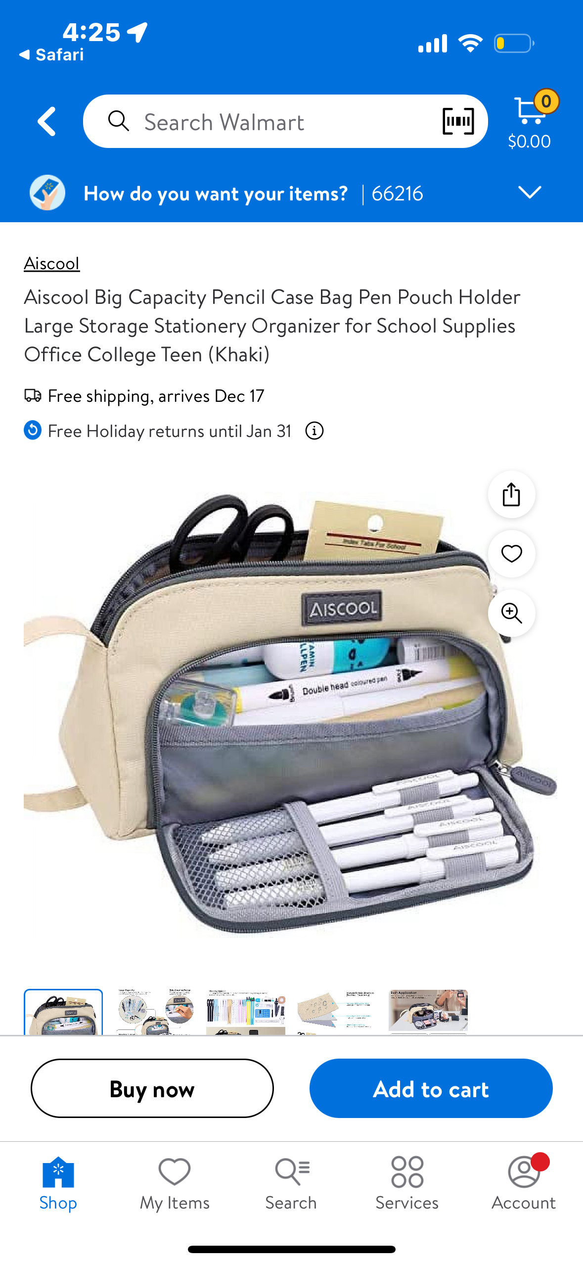 Aiscool Big Capacity Pencil Case Bag Pen Pouch Holder Large Storage Stationery Organizer for School Supplies Office College Teen (Khaki)