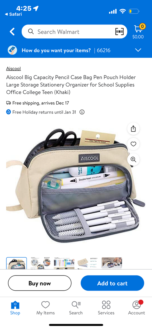 Aiscool Big Capacity Pencil Case Bag Pen Pouch Holder Large Storage Stationery Organizer for School Supplies Office College Teen (Khaki)