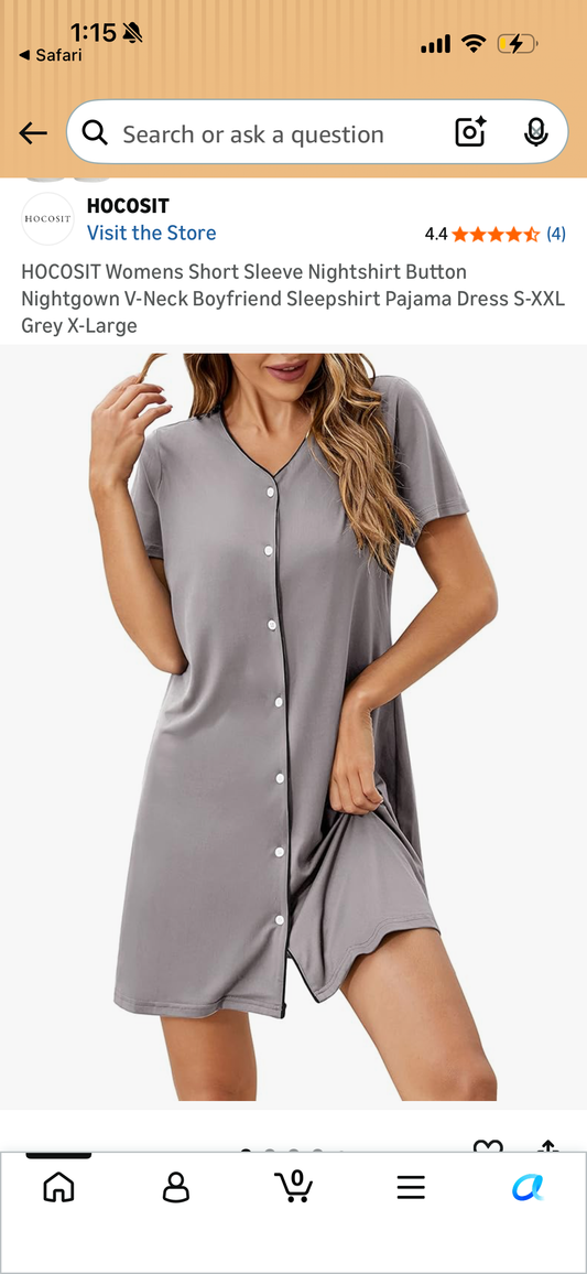 HOCOSIT Womens Short Sleeve Nightshirt Button Nightgown V-Neck Boyfriend Sleepshirt Pajama Dress (Size XX-Large)