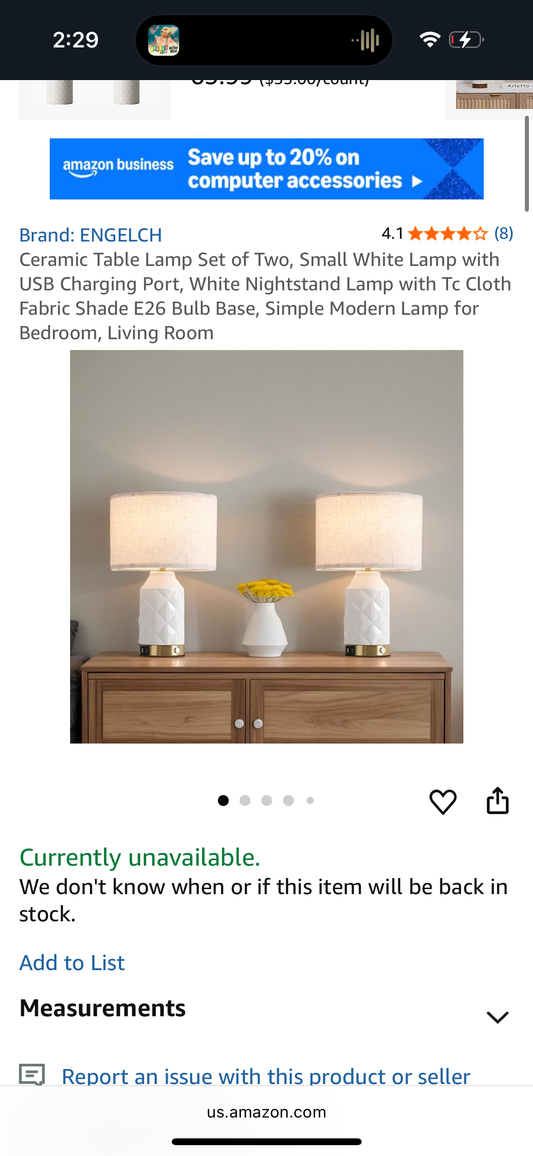 Ceramic Table Lamp Set of Two, Small White Lamp with USB Charging Port, White Nightstand Lamp with Tc Cloth Fabric Shade E26 Bulb Base, Simple Modern Lamp for Bedroom, Living Room