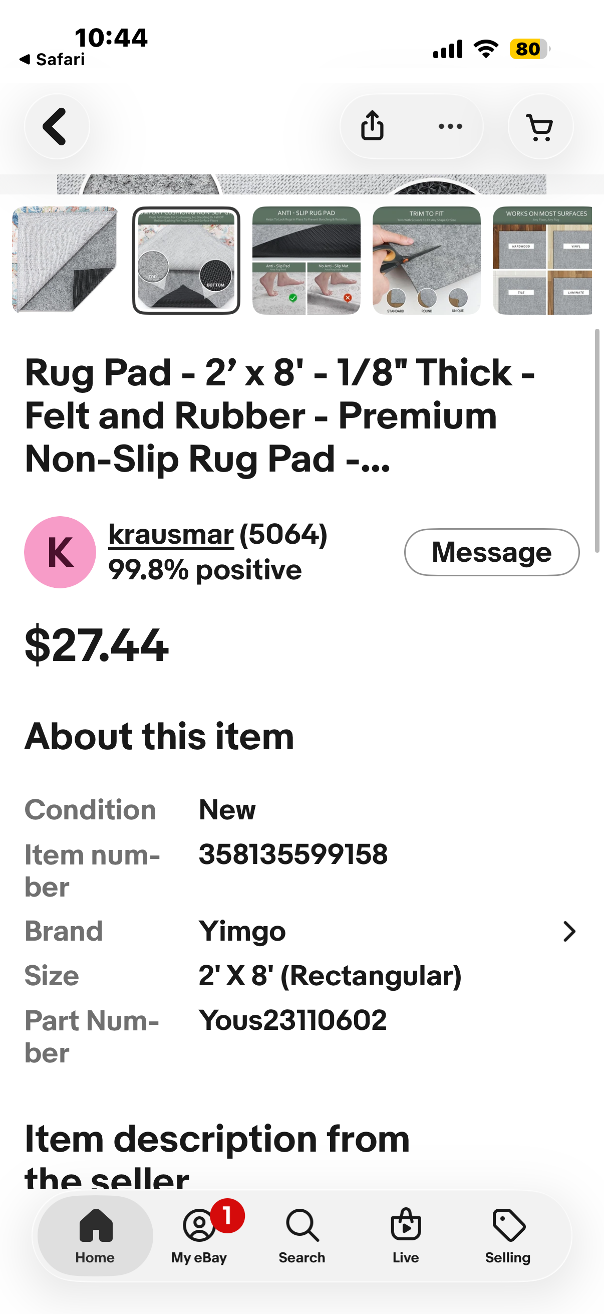 YIMGO Rug Pad - 2’ x 8' - 1/8" Thick - Felt and Rubber - Premium Non-Slip Rug Pad - Perfect for High Traffic Areas and Entryways, Many Custom Sizes, Safe for All Floors