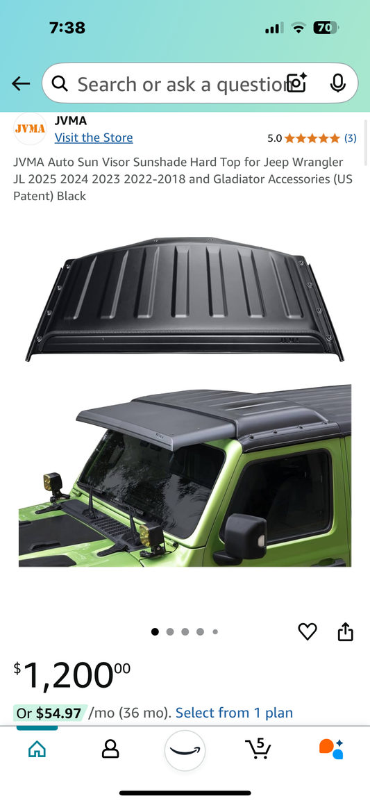JVMA Auto Sun Visor Hard Top for Jeep Wrangler JL and Gladiator (G225)