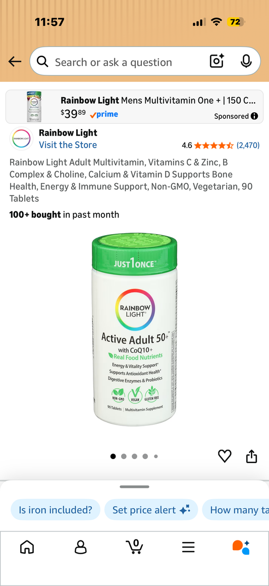 Rainbow Light Adult Multivitamin, Vitamins C & Zinc, B Complex & Choline, Calcium & Vitamin D Supports Bone Health, Energy & Immune Support, Non-GMO, Vegetarian, 90 Tablets