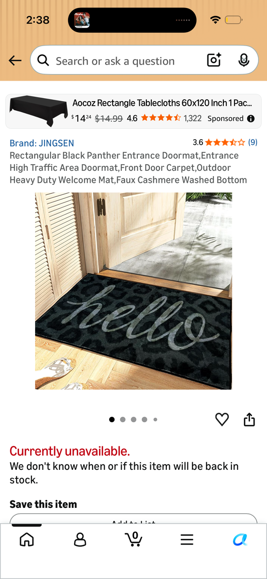 Rectangular Black Panther Entrance Doormat,Entrance High Traffic Area Doormat,Front Door Carpet,Outdoor Heavy Duty Welcome Mat,Faux Cashmere Washed Bottom