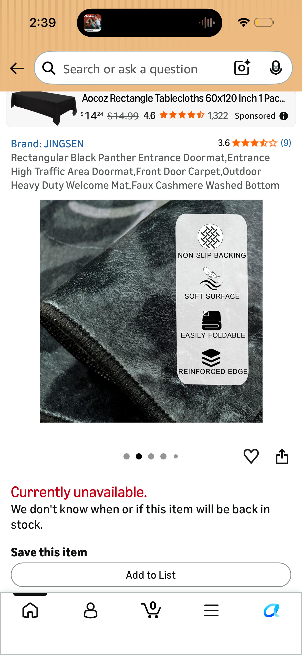 Rectangular Black Panther Entrance Doormat,Entrance High Traffic Area Doormat,Front Door Carpet,Outdoor Heavy Duty Welcome Mat,Faux Cashmere Washed Bottom