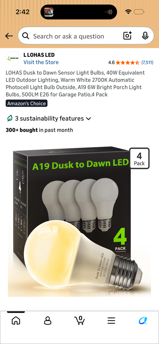 LOHAS Dusk to Dawn Sensor Light Bulbs, 40W Equivalent LED Outdoor Lighting, Warm White 2700K Automatic Photocell Light Bulb Outside, A19 6W Bright Porch Light Bulbs, 500LM E26 for Garage Patio,4 Pack