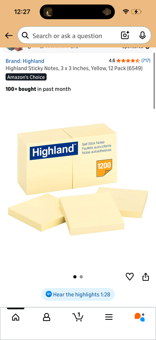 Highland Sticky Notes, 3 x 3 Inches, Yellow, 12 Pack (6549)