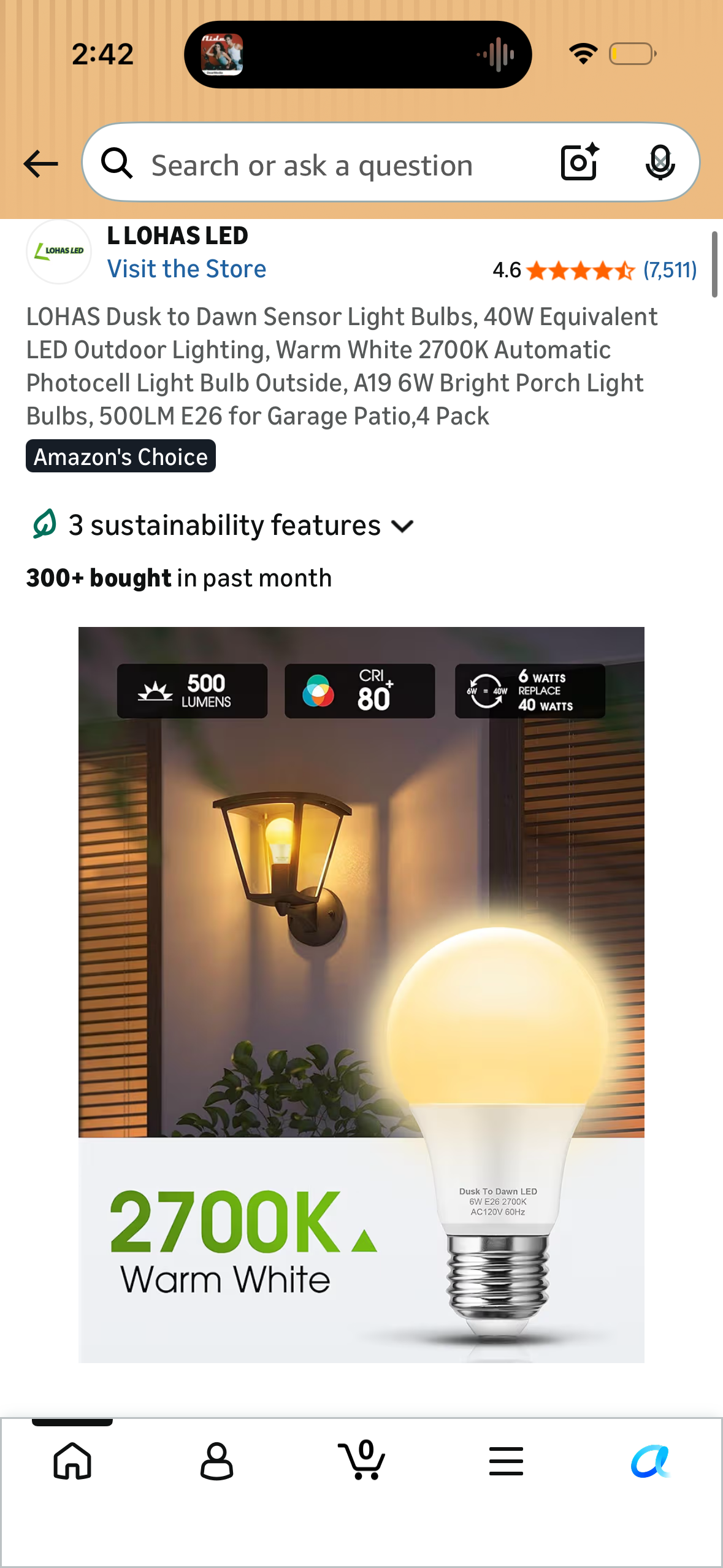 LOHAS Dusk to Dawn Sensor Light Bulbs, 40W Equivalent LED Outdoor Lighting, Warm White 2700K Automatic Photocell Light Bulb Outside, A19 6W Bright Porch Light Bulbs, 500LM E26 for Garage Patio,4 Pack