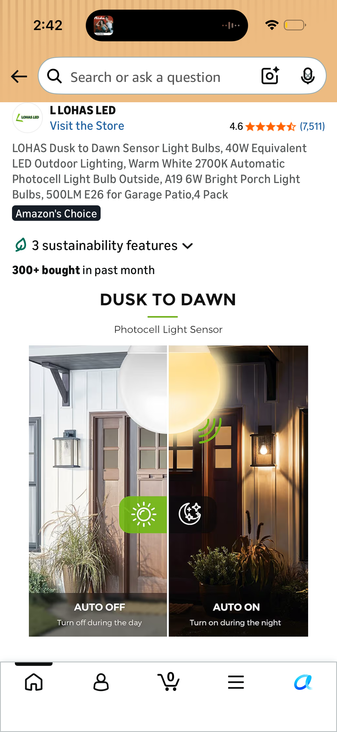 LOHAS Dusk to Dawn Sensor Light Bulbs, 40W Equivalent LED Outdoor Lighting, Warm White 2700K Automatic Photocell Light Bulb Outside, A19 6W Bright Porch Light Bulbs, 500LM E26 for Garage Patio,4 Pack
