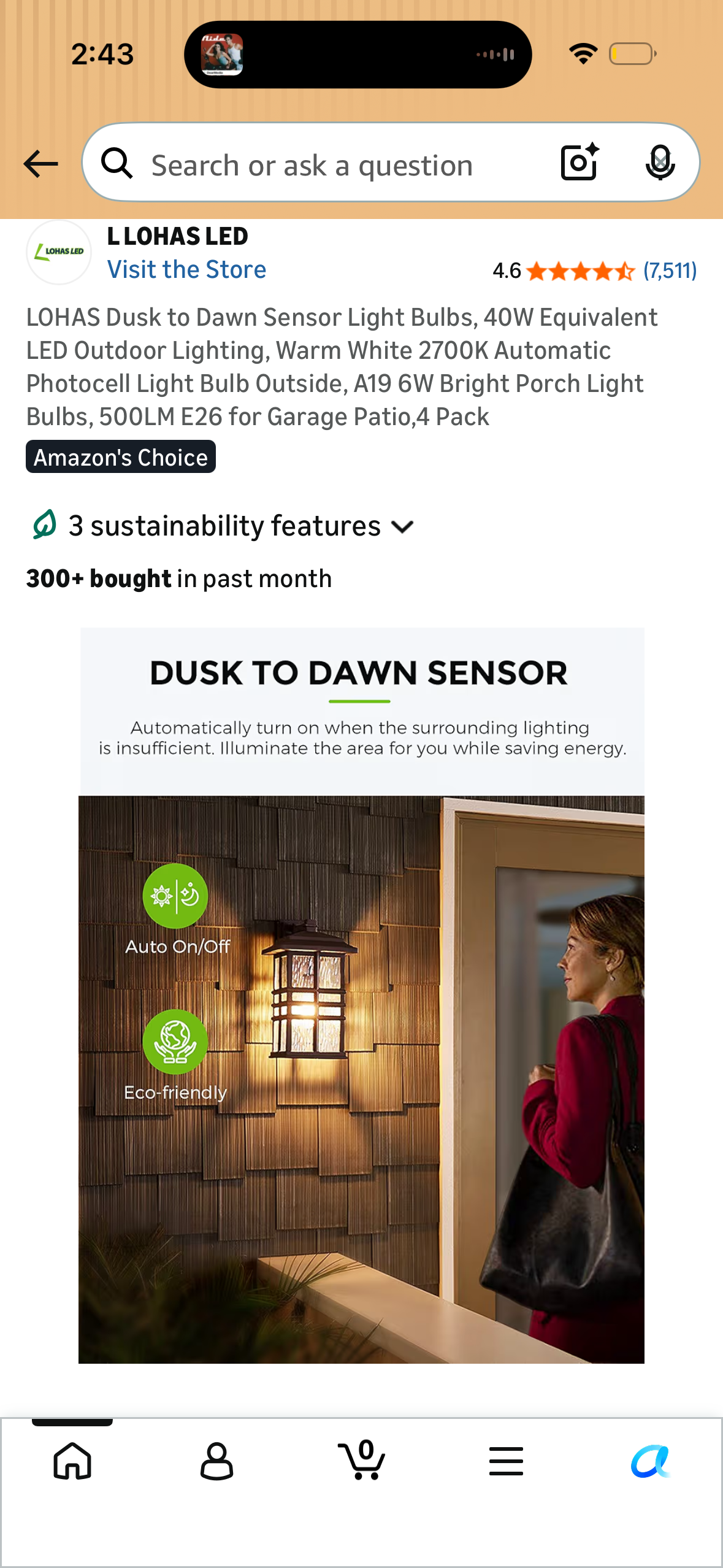LOHAS Dusk to Dawn Sensor Light Bulbs, 40W Equivalent LED Outdoor Lighting, Warm White 2700K Automatic Photocell Light Bulb Outside, A19 6W Bright Porch Light Bulbs, 500LM E26 for Garage Patio,4 Pack