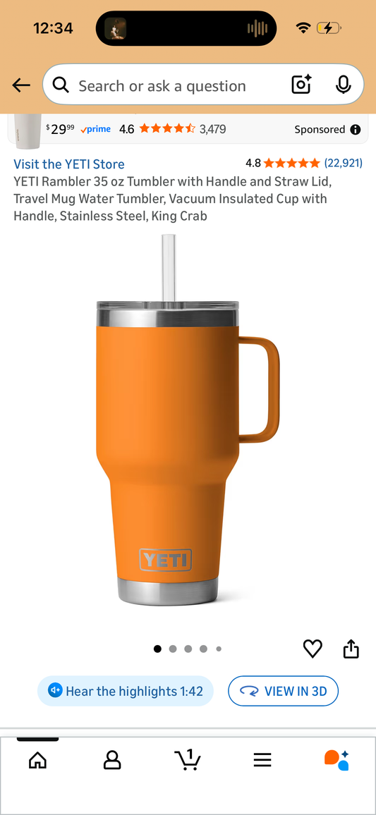 YETI Rambler 35 oz Tumbler with Handle and Straw Lid, Travel Mug Water Tumbler, Vacuum Insulated Cup with Handle, Stainless Steel, King Crab