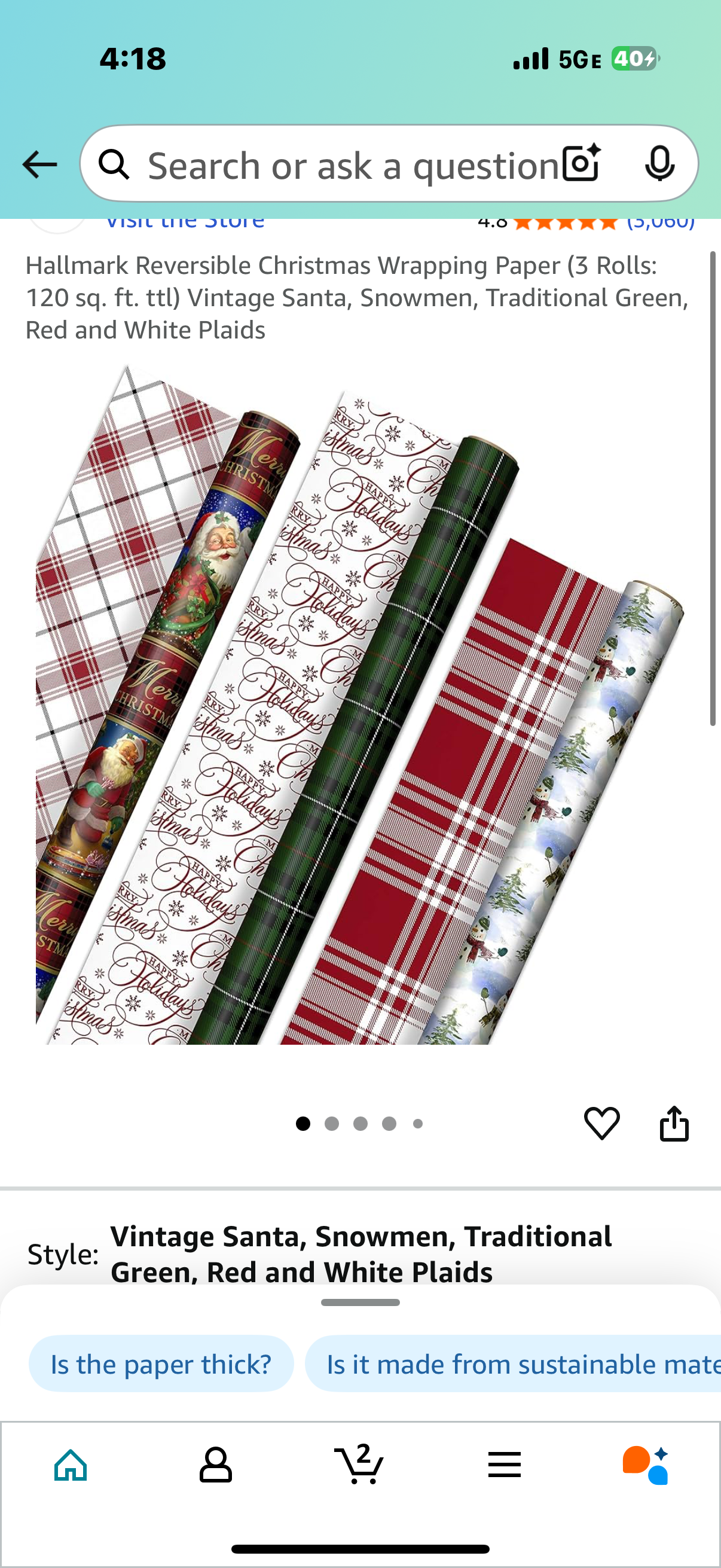 Hallmark Reversible Christmas Wrapping Paper (3 Rolls: 120 sq. ft. ttl) Vintage Santa, Snowmen, Traditional Green, Red and White Plaids