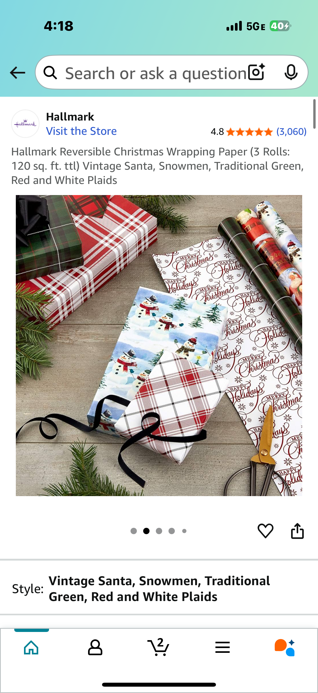 Hallmark Reversible Christmas Wrapping Paper (3 Rolls: 120 sq. ft. ttl) Vintage Santa, Snowmen, Traditional Green, Red and White Plaids