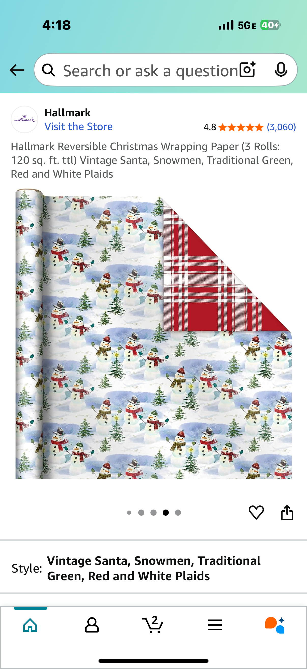 Hallmark Reversible Christmas Wrapping Paper (3 Rolls: 120 sq. ft. ttl) Vintage Santa, Snowmen, Traditional Green, Red and White Plaids