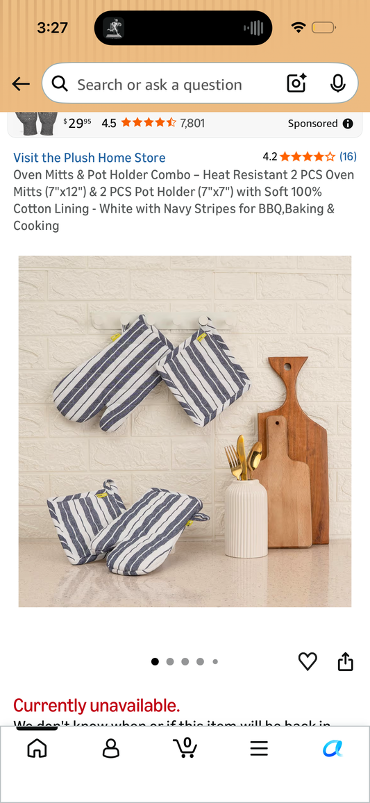 PLUSH HOME Oven Mitts & Pot Holder Combo – Heat Resistant 2 PCS Oven Mitts (7"x12") & 2 PCS Pot Holder (7"x7") with Soft 100% Cotton Lining - White with Navy Stripes for BBQ,Baking & Cooking