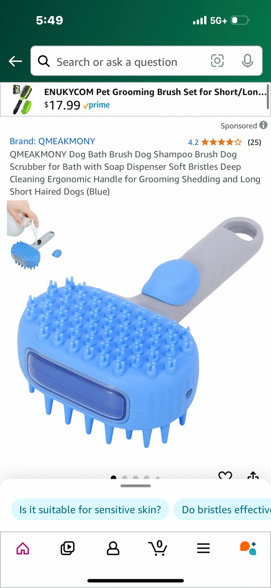 QMEAKMONY Dog Bath Brush Dog Shampoo Brush Dog Scrubber for Bath with Soap Dispenser Soft Bristles Deep Cleaning Ergonomic Handle for Grooming Shedding and Long Short Haired Dogs (Blue)