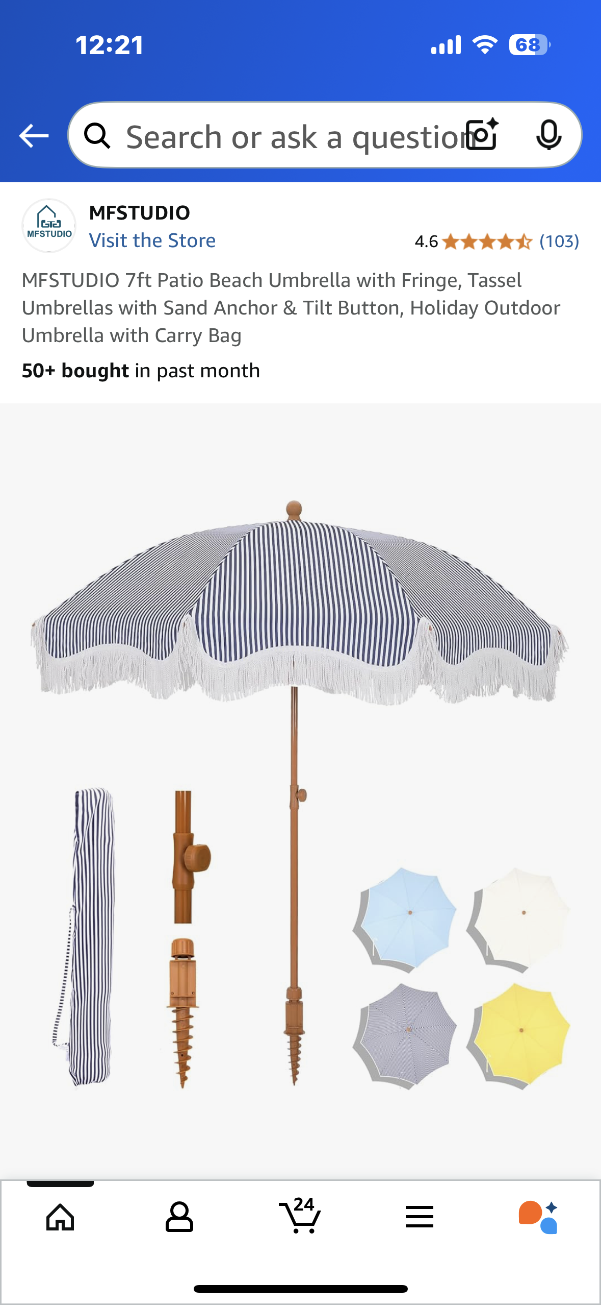 Blue and White Boho Beach Umbrella with Fringe and Tassels with Tilt Button and Sand Anchor (W452)