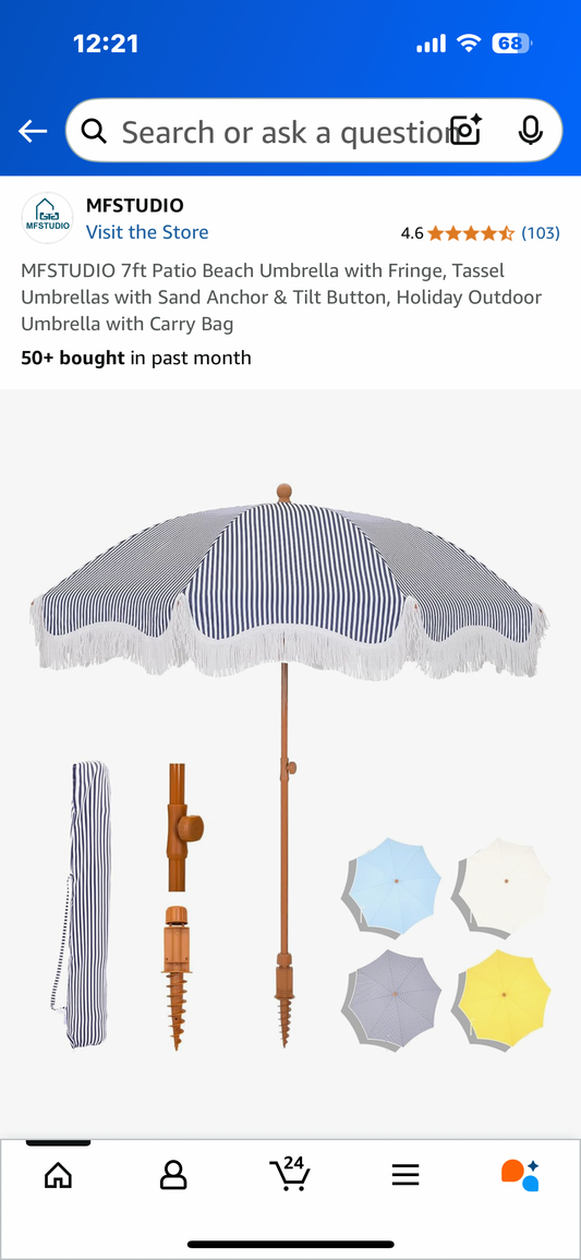 Blue and White Boho Beach Umbrella with Fringe and Tassels with Tilt Button and Sand Anchor (W452)