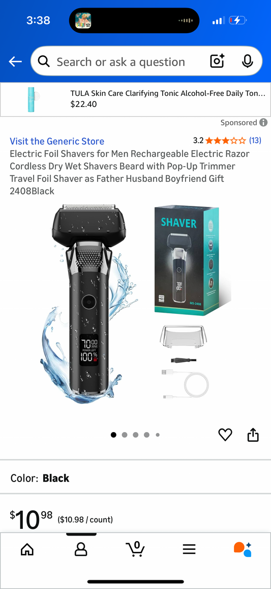 Electric Foil Shavers for Men Rechargeable Electric Razor Cordless Dry Wet Shavers Beard with Pop-Up Trimmer Travel Foil Shaver as Father Husband Boyfriend Gift 2408Black