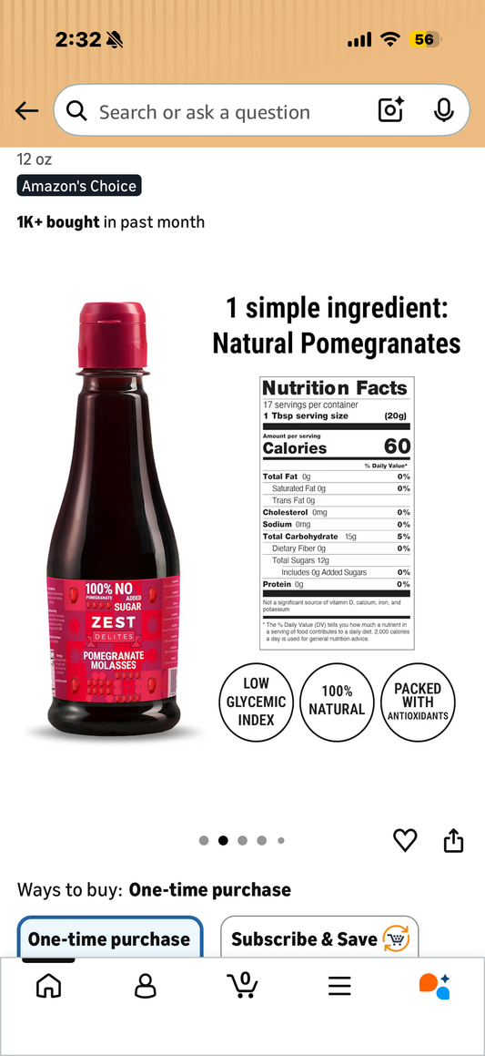Pomegranate seeds Molasses by Zest Delites, No Sugar Added, 100% Natural Mediterranean Pomegranate Syrup for Salads, Meats, Drinks and Desserts, No Additives, Vegan, Gluten Free