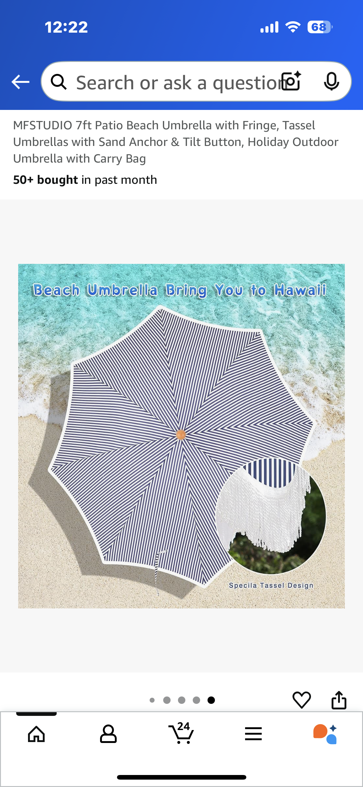 Blue and White Boho Beach Umbrella with Fringe and Tassels with Tilt Button and Sand Anchor (W452)