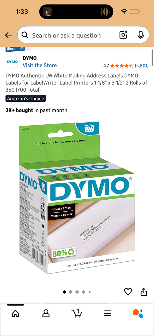 DYMO Authentic LW White Mailing Address Labels DYMO Labels for LabelWriter Label Printers 1-1/8" x 3-1/2" 2 Rolls of 350 (700 Total)