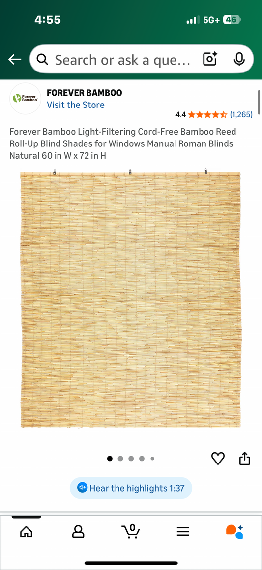 FOREVER BAMBOO Light-Filtering Cord-Free Bamboo Reed Roll-Up Blind, Shade for Windows, Manual Roman Blind, Natural 60 in W x 72 in H (L1124)