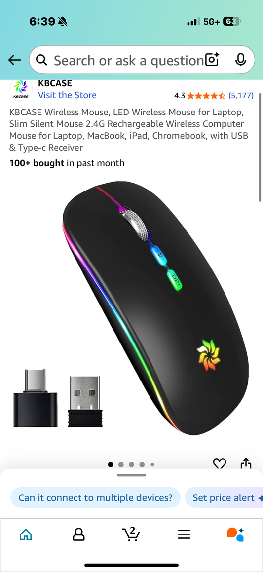 KBCASE Wireless Mouse, LED Wireless Mouse for Laptop, Slim Silent Mouse 2.4G Rechargeable Wireless Computer Mouse for Laptop, MacBook, iPad, Chromebook, with USB & Type-c Receiver