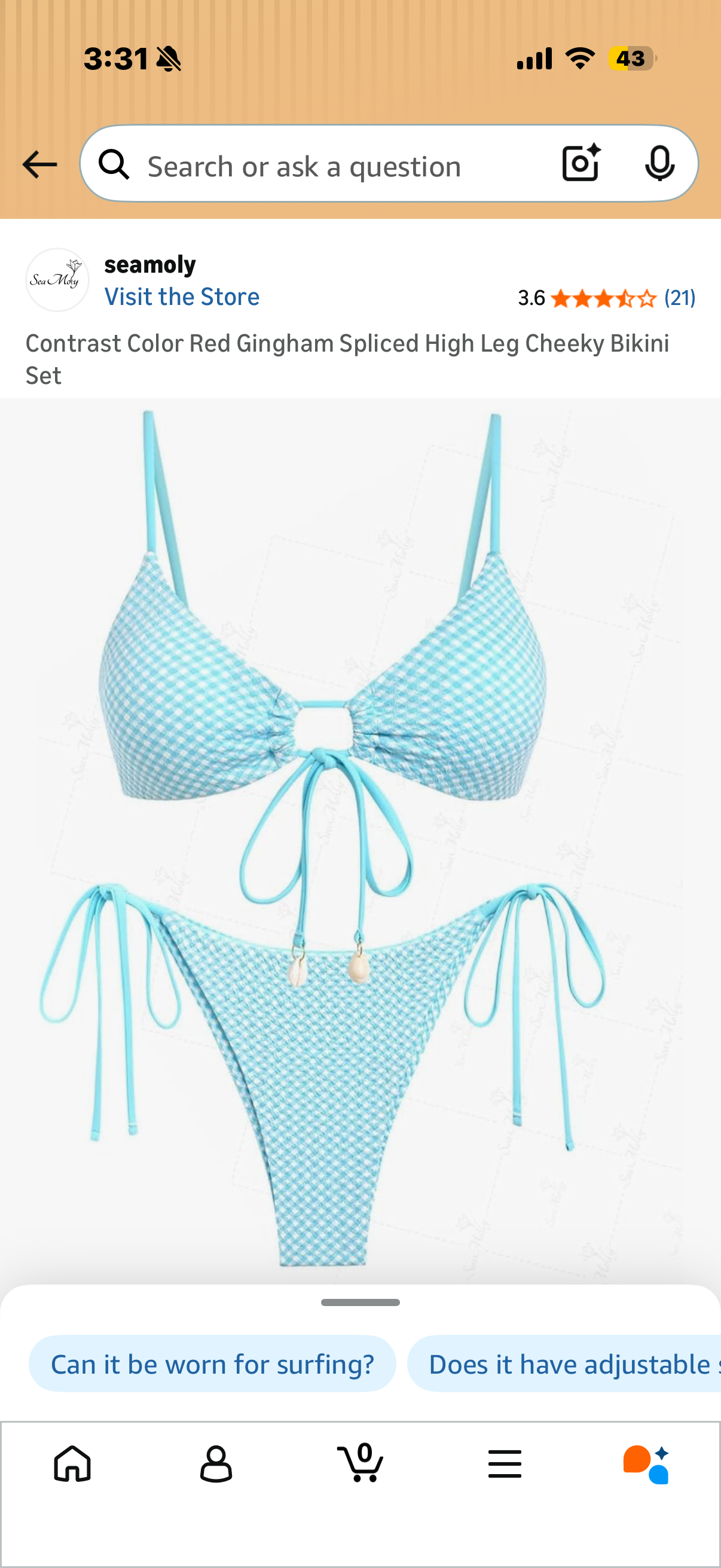 Contrast Color Blue Gingham Spliced High Leg Cheeky Bikini Set