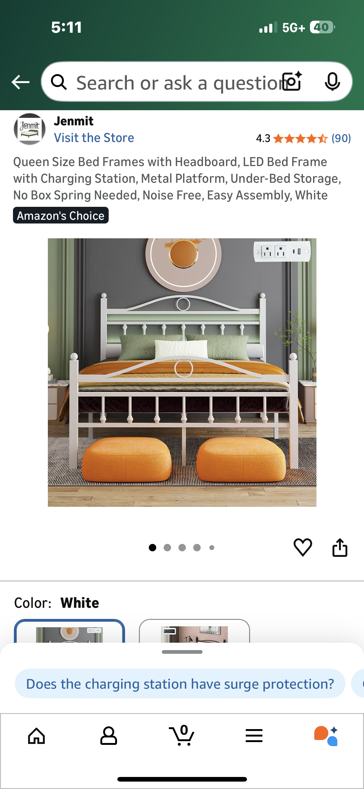 Queen Size Bed Frame with Headboard,Charging Station, Metal Platform, Under-Bed Storage, No Box Spring Needed, Noise Free, Easy Assembly, White (B1165)