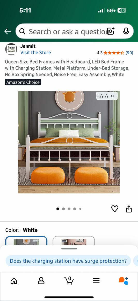 Queen Size Bed Frame with Headboard,Charging Station, Metal Platform, Under-Bed Storage, No Box Spring Needed, Noise Free, Easy Assembly, White (B1165)