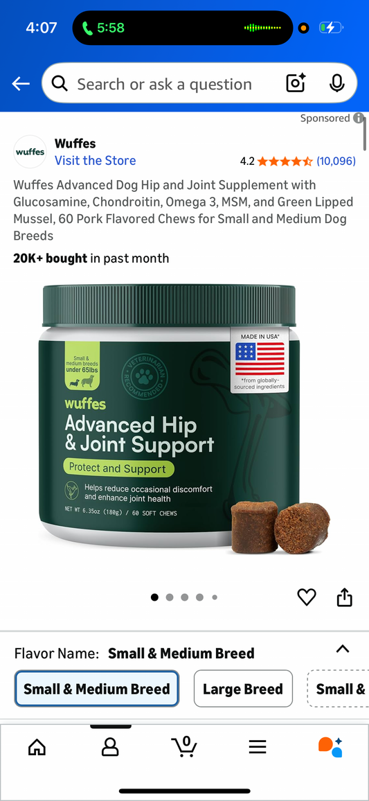Wuffes Advanced Dog Hip and Joint Supplement with Glucosamine, Chondroitin, Omega 3, MSM, and Green Lipped Mussel, 60 Pork Flavored Chews for Small and Medium Dog Breeds