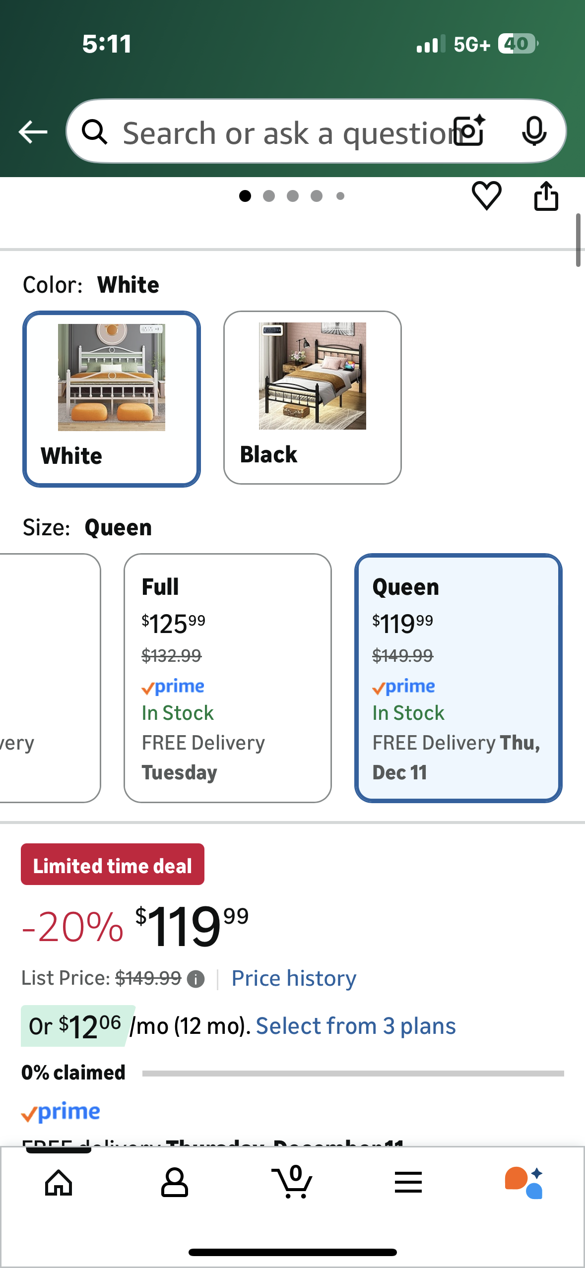 Queen Size Bed Frame with Headboard,Charging Station, Metal Platform, Under-Bed Storage, No Box Spring Needed, Noise Free, Easy Assembly, White (B1165)