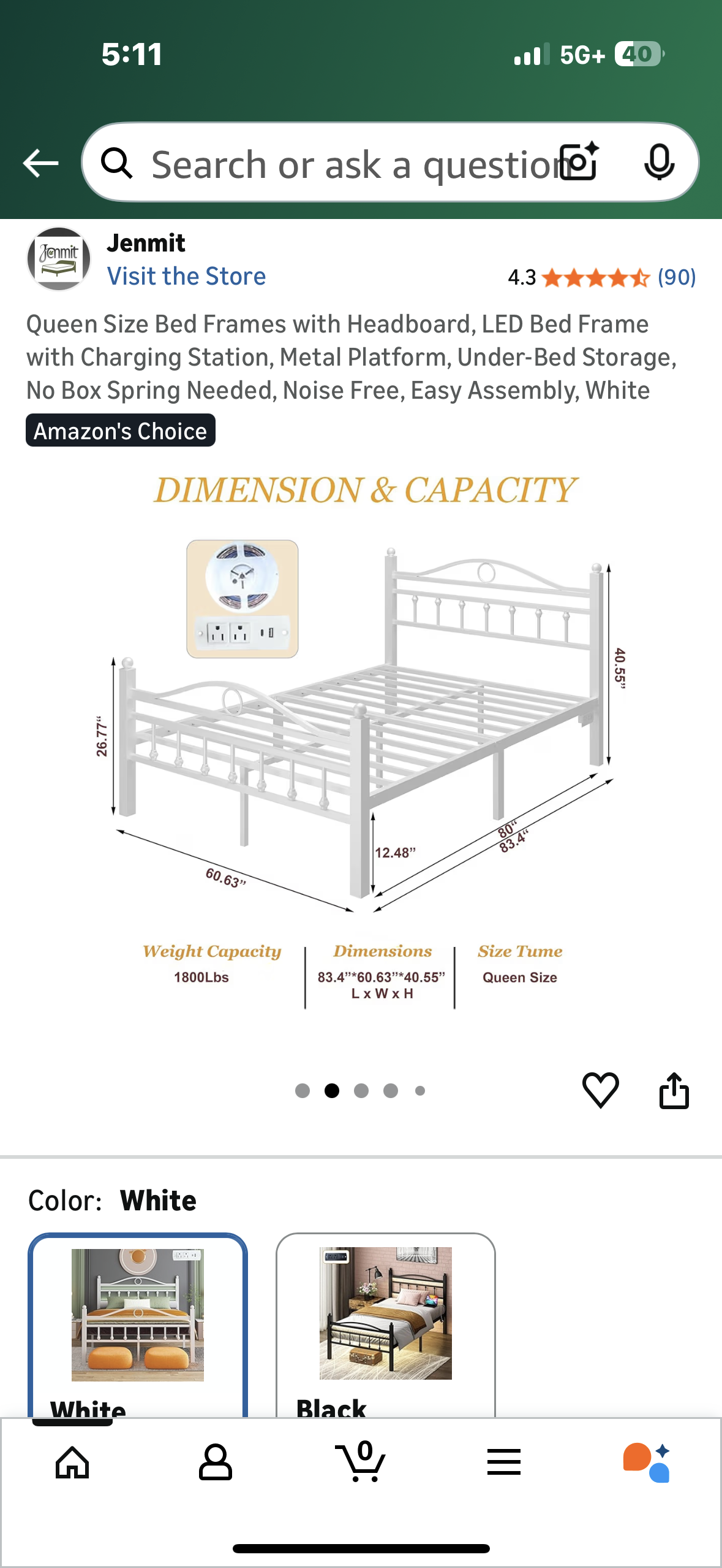 Queen Size Bed Frame with Headboard,Charging Station, Metal Platform, Under-Bed Storage, No Box Spring Needed, Noise Free, Easy Assembly, White (B1165)