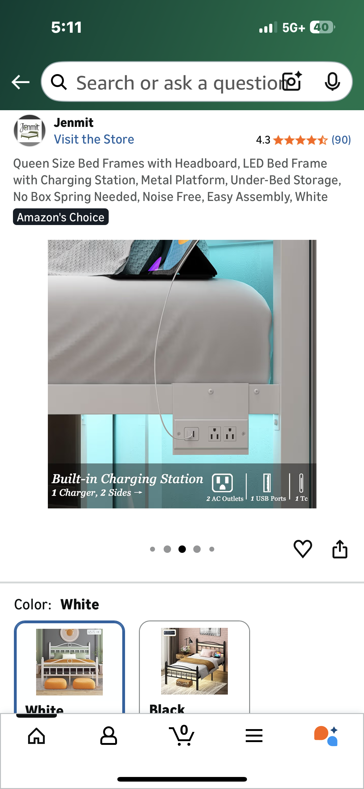 Queen Size Bed Frame with Headboard,Charging Station, Metal Platform, Under-Bed Storage, No Box Spring Needed, Noise Free, Easy Assembly, White (B1165)