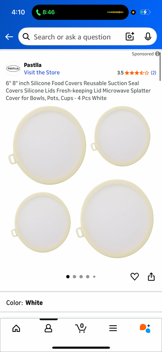 6" 8" inch Silicone Food Covers Reusable Suction Seal Covers Silicone Lids Fresh-keeping Lid Microwave Splatter Cover for Bowls, Pots, Cups - 4 Pcs White