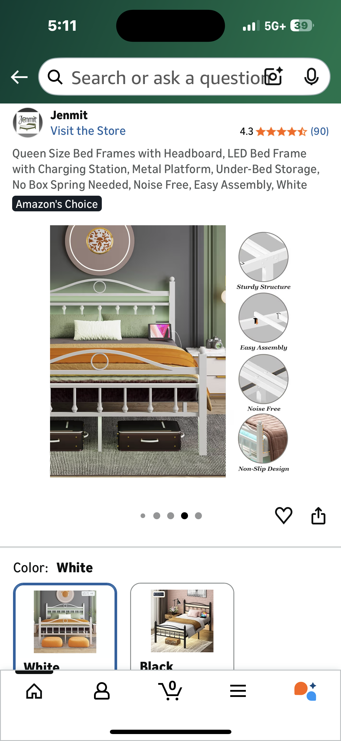 Queen Size Bed Frame with Headboard,Charging Station, Metal Platform, Under-Bed Storage, No Box Spring Needed, Noise Free, Easy Assembly, White (B1165)